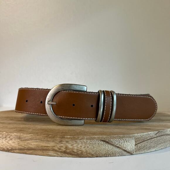 Vintage 90s Tan Vegan Leather Wide Silver Buckle Belt Size XS/S - Picture 1 of 9